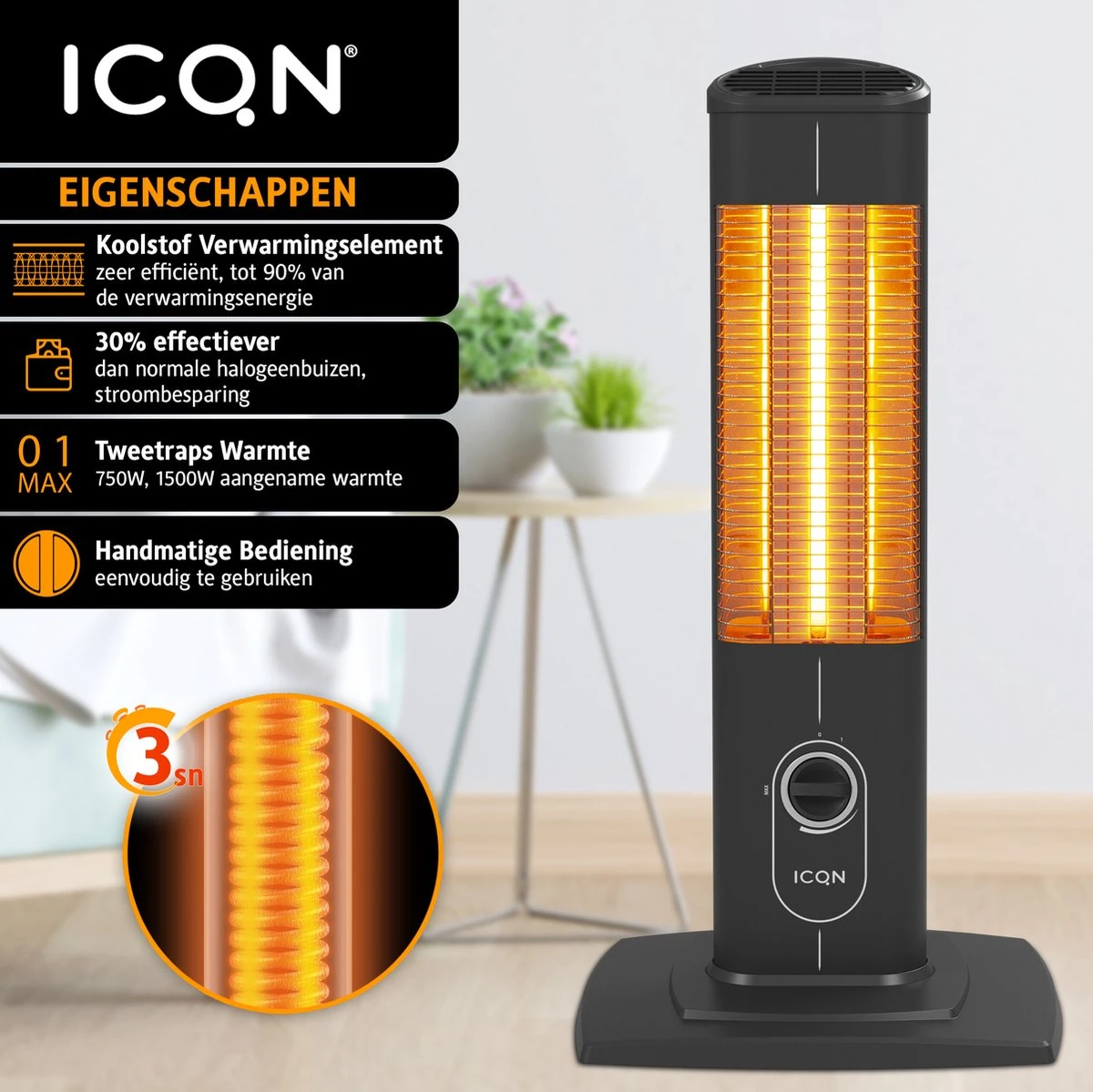 ICQN Infrarood Kachel, Terrasverwarmer, Elektrische Verwarming - 1500W - Voor Binnen En Buiten - Afbeelding 2