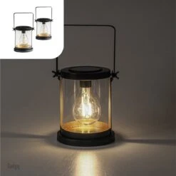 Gadgy Solar Lantaarn Glas Met Led Gloeilamp - Tafellamp Set Van 2 - Solar Tuinverlichting Op Zonneenergie - Led Buitenverlichting Met Dag/Nacht Sensor - Tuinlantaarn - 16.5x14.5CM