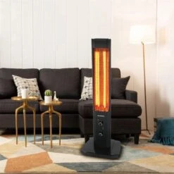 Infrarood Staande Warmtestraler Met Thermostaat, Infrarood Verwarming Voor Binnen En Buiten, 2 Warmtestanden, Standaard, Draagbaar, Elegant Design, 1200 Watt, Zwart