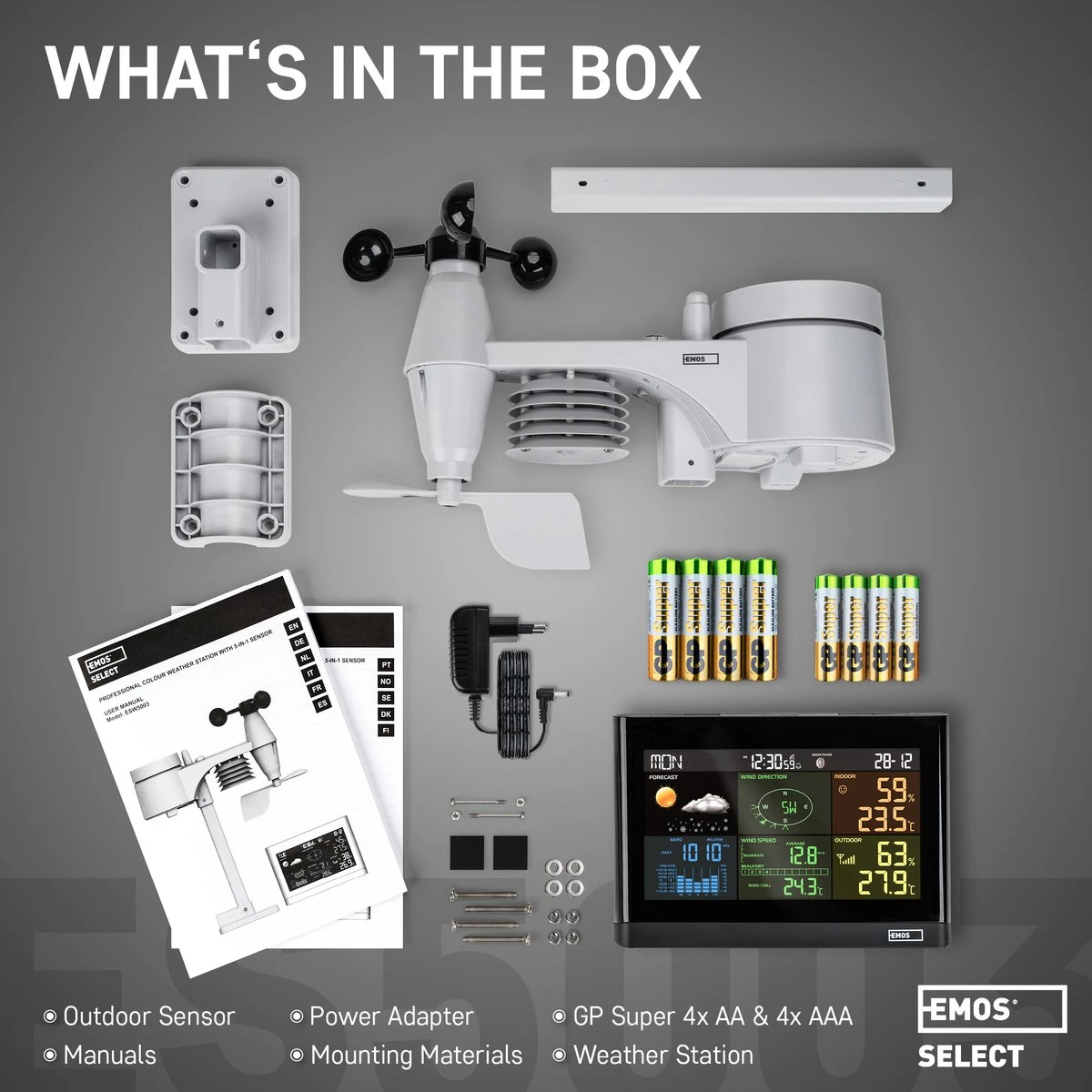EMOS Weerstation Met Wind En Regenmeter, Draadloos Binnen- En Buitenweersysteem Met Kleurendisplay, Bewaakt Temperatuur, Luchtvochtigheid, Luchtdruk, Comfort & Hitte-index, 12-24 Uursvoorspelling, Inc. Batterijen - Afbeelding 6