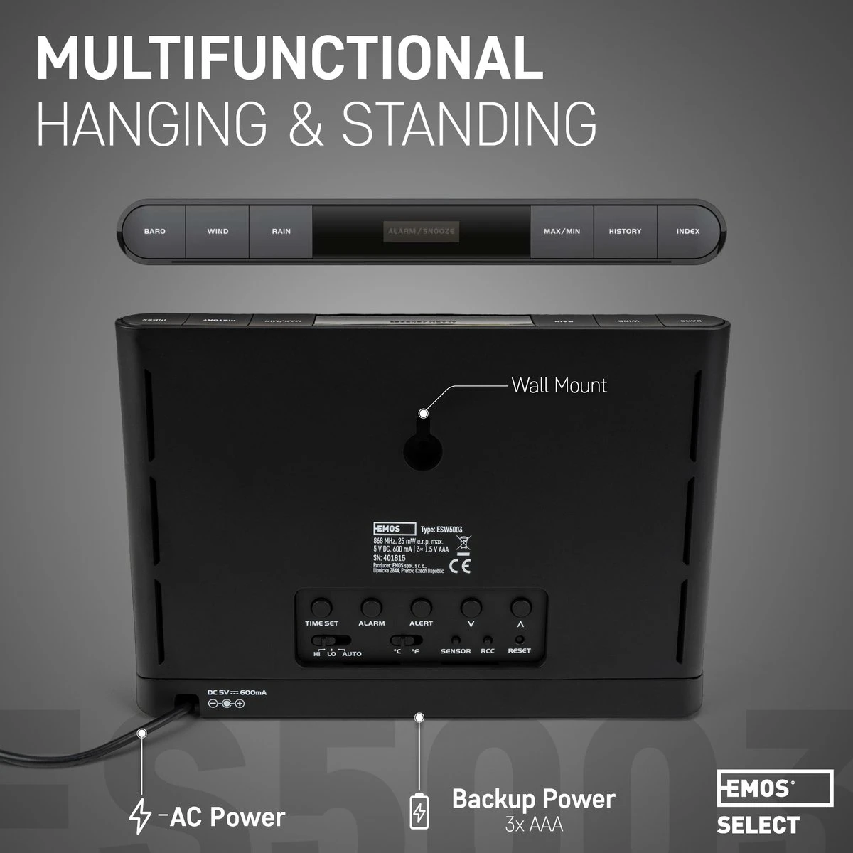 EMOS Weerstation Met Wind En Regenmeter, Draadloos Binnen- En Buitenweersysteem Met Kleurendisplay, Bewaakt Temperatuur, Luchtvochtigheid, Luchtdruk, Comfort & Hitte-index, 12-24 Uursvoorspelling, Inc. Batterijen - Afbeelding 8