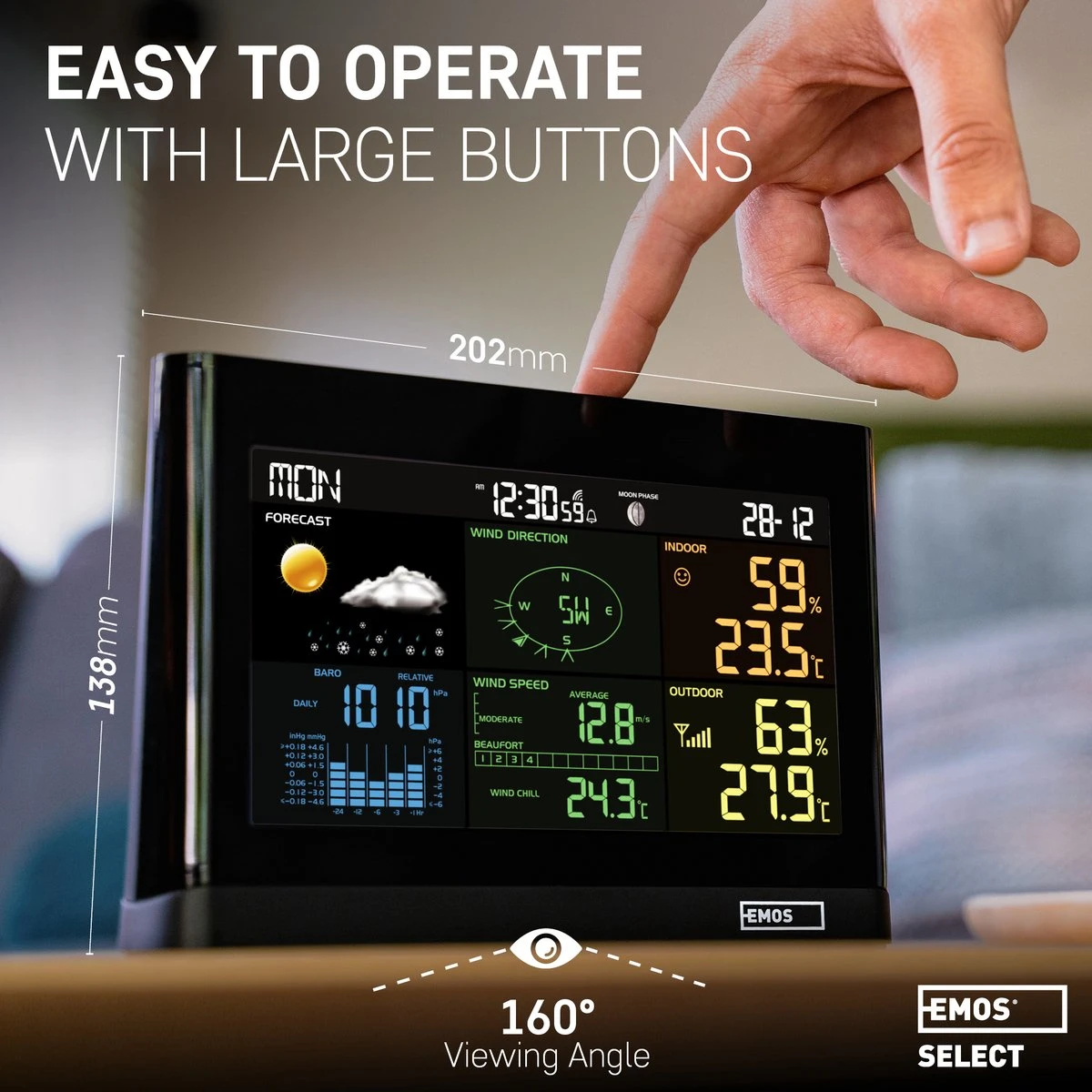 EMOS Weerstation Met Wind En Regenmeter, Draadloos Binnen- En Buitenweersysteem Met Kleurendisplay, Bewaakt Temperatuur, Luchtvochtigheid, Luchtdruk, Comfort & Hitte-index, 12-24 Uursvoorspelling, Inc. Batterijen - Afbeelding 9