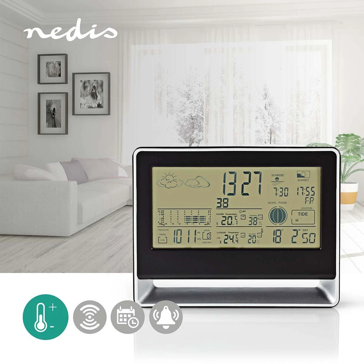 Nedis Weerstation - Binnen & Buiten - Inclusief Draadloze Weersensor - Weersvoorspelling - Barometer - Tijdweergave - Verlicht LCD-Scherm - Wekkerfunctie - Afbeelding 13