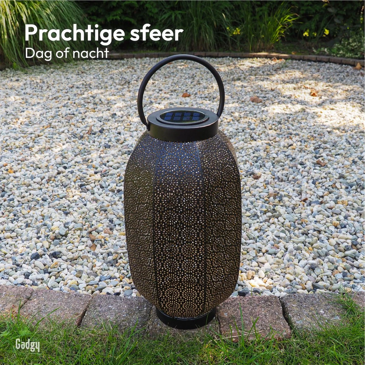 Gadgy Solar Lantaarn Bloem Groot - Solar Tuinverlichting Op Zonneenergie - Led Buitenverlichting Met Dag/nacht Sensor - Tafellamp - Tuinlantaarn - Metaal - 36 X Ø20 Cm - Zwart / Goud - Afbeelding 5