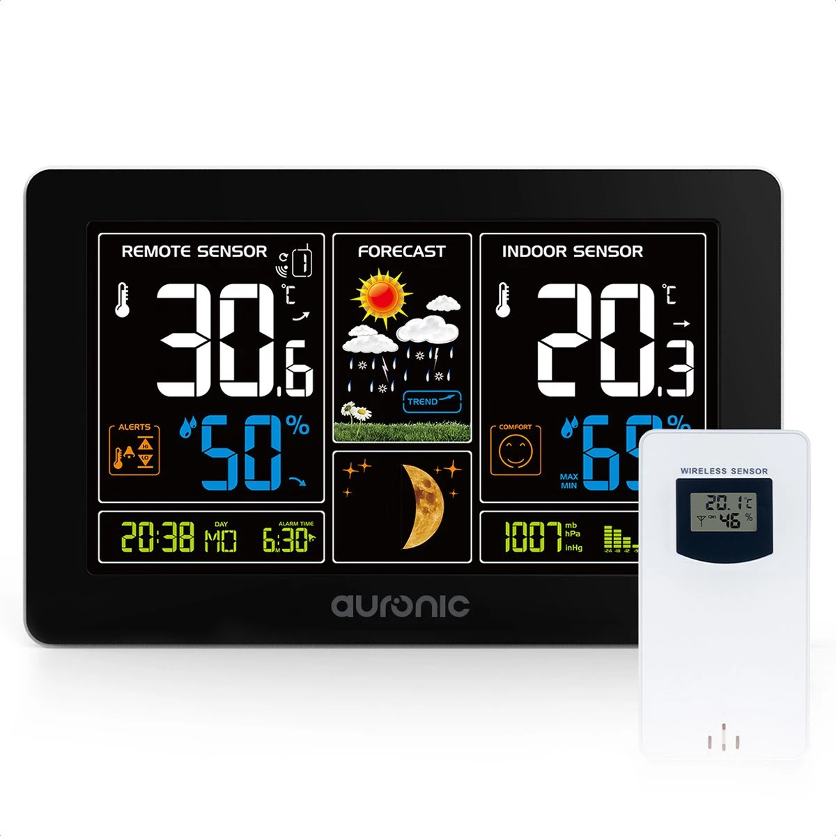 Auronic Weerstation - Draadloos - Binnen En Buiten - Met Sensor - 60M Bereik - Zwart