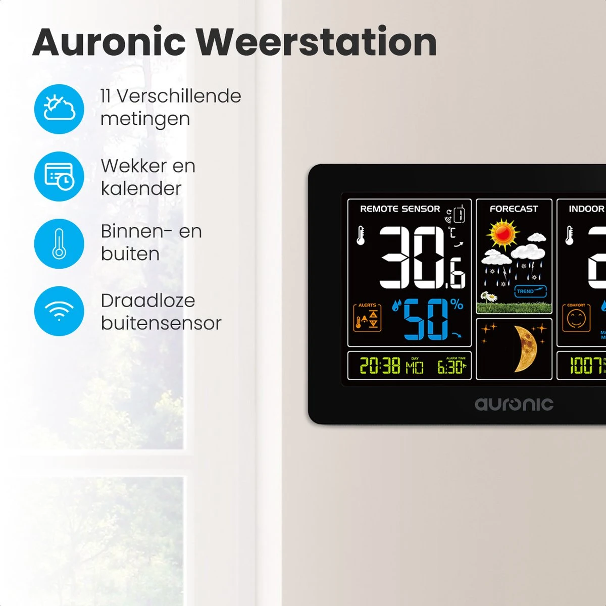 Auronic Weerstation - Draadloos - Binnen En Buiten - Met Sensor - 60M Bereik - Zwart - Afbeelding 2