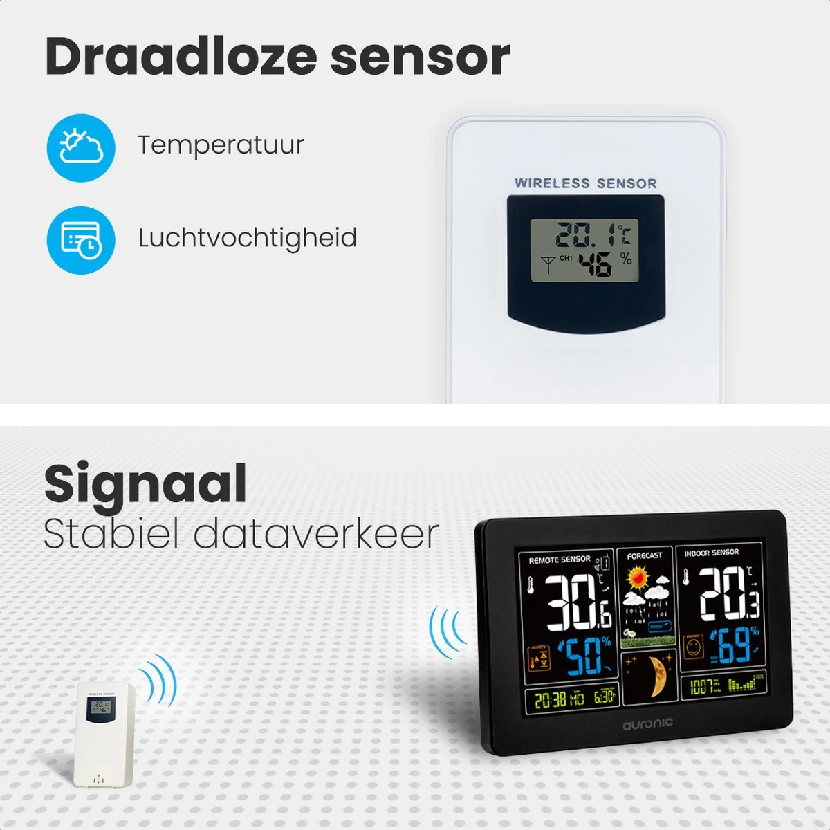 Auronic Weerstation - Draadloos - Binnen En Buiten - Met Sensor - 60M Bereik - Zwart - Afbeelding 3