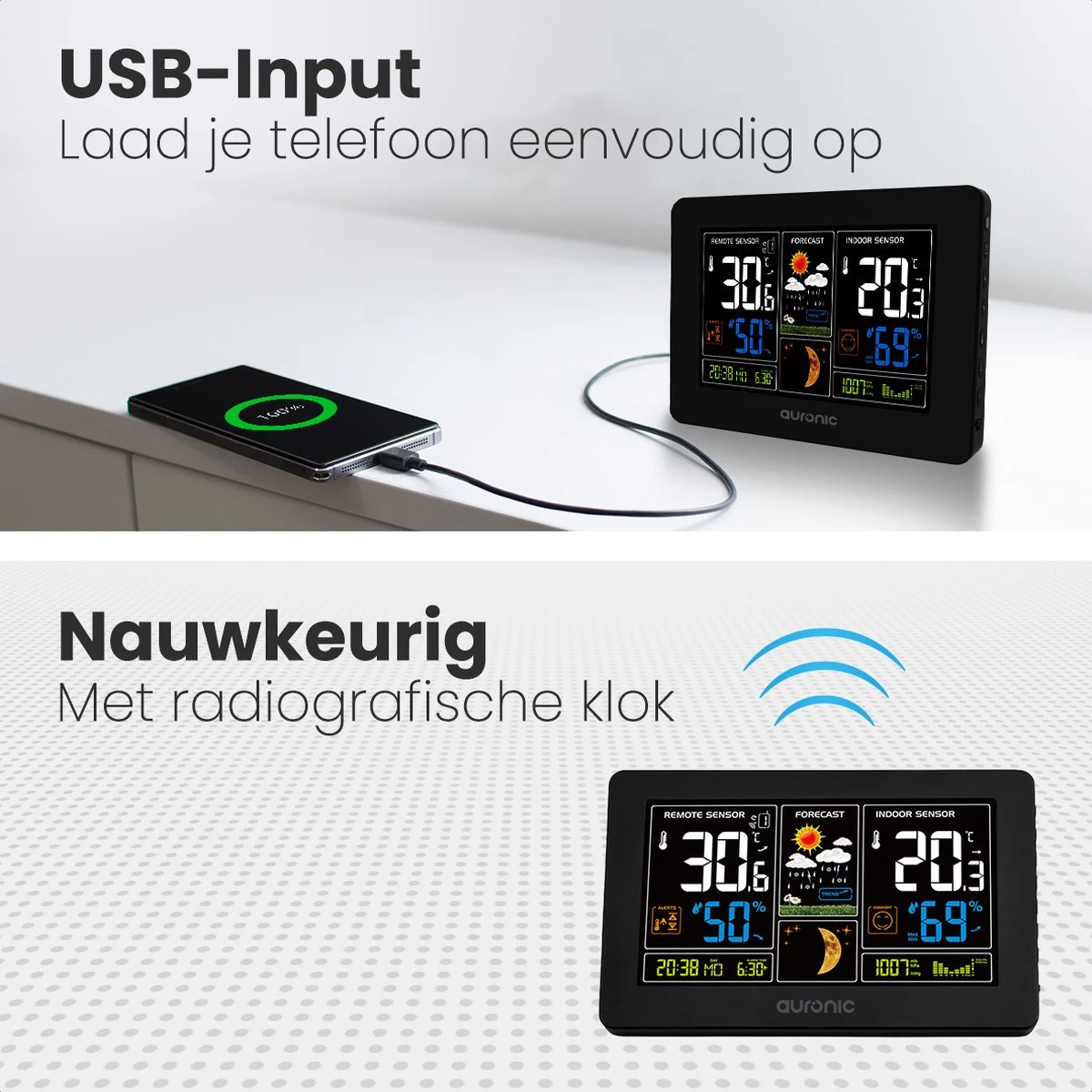 Auronic Weerstation - Draadloos - Binnen En Buiten - Met Sensor - 60M Bereik - Zwart - Afbeelding 4