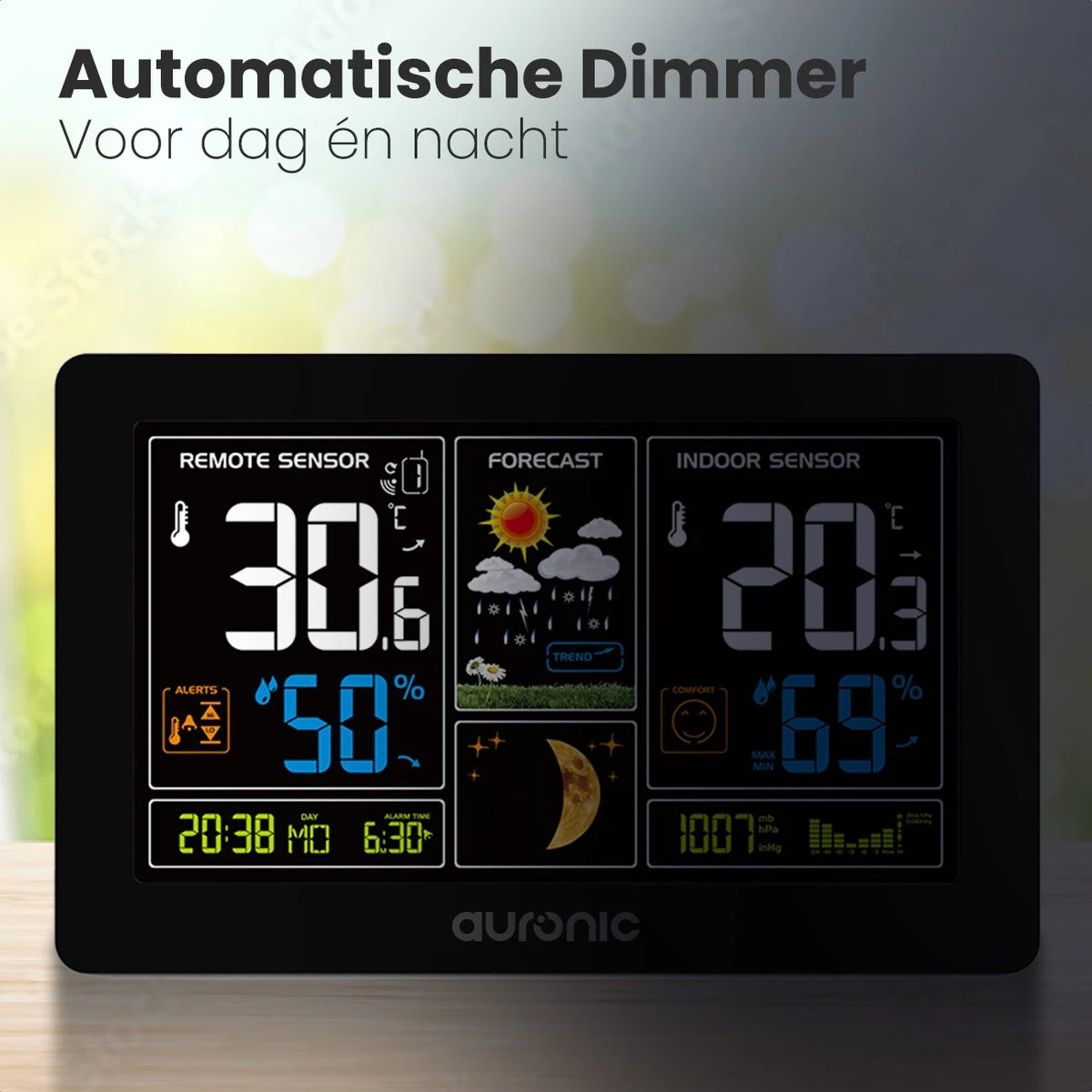 Auronic Weerstation - Draadloos - Binnen En Buiten - Met Sensor - 60M Bereik - Zwart - Afbeelding 8