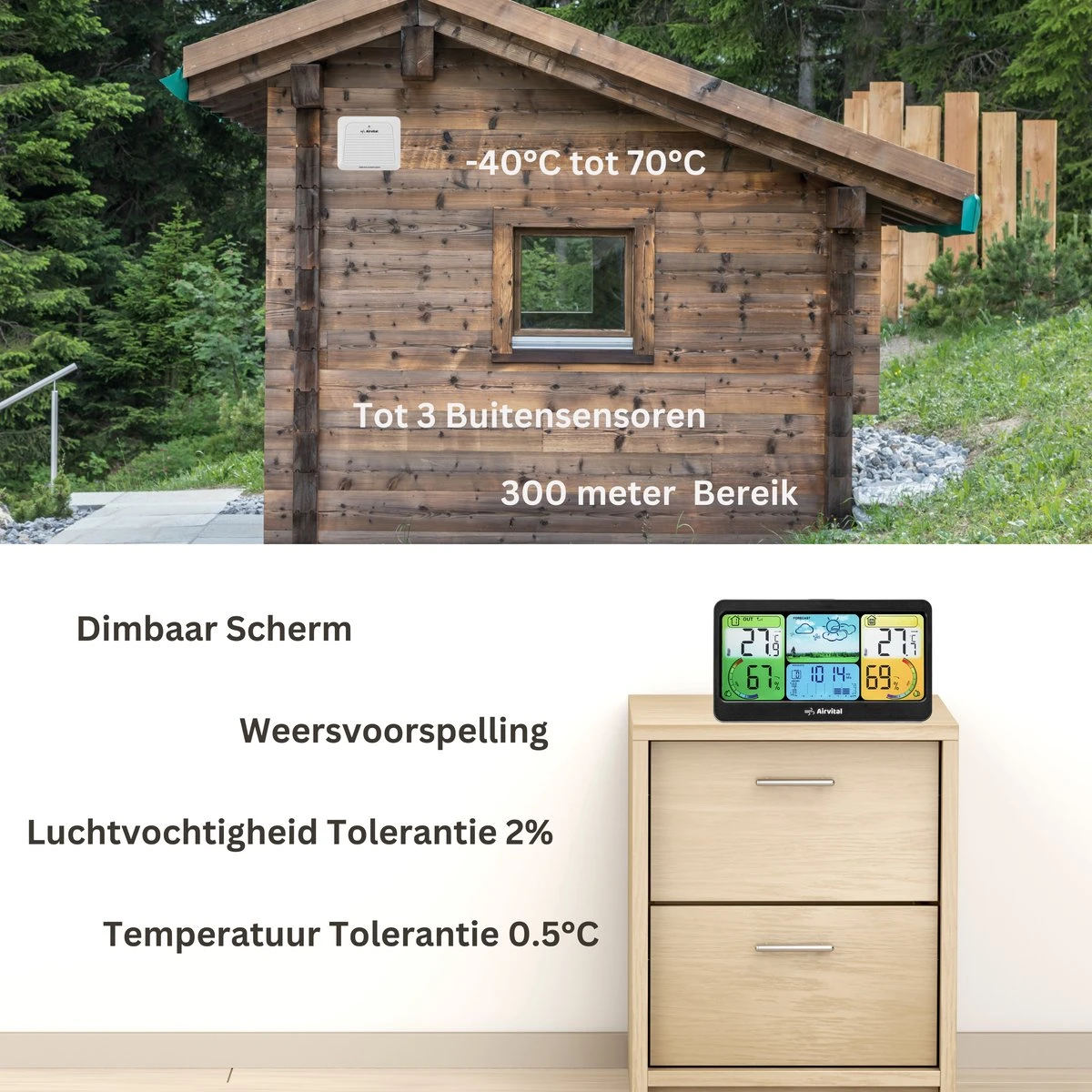 Airvital Weerstation Voor Binnen En Buiten - Draadloos - Oplaadbare Buitensensor Met 60m Bereik - Weersvoorspelling - Binnen En Buitentemperatuur - Barometer - Afbeelding 2