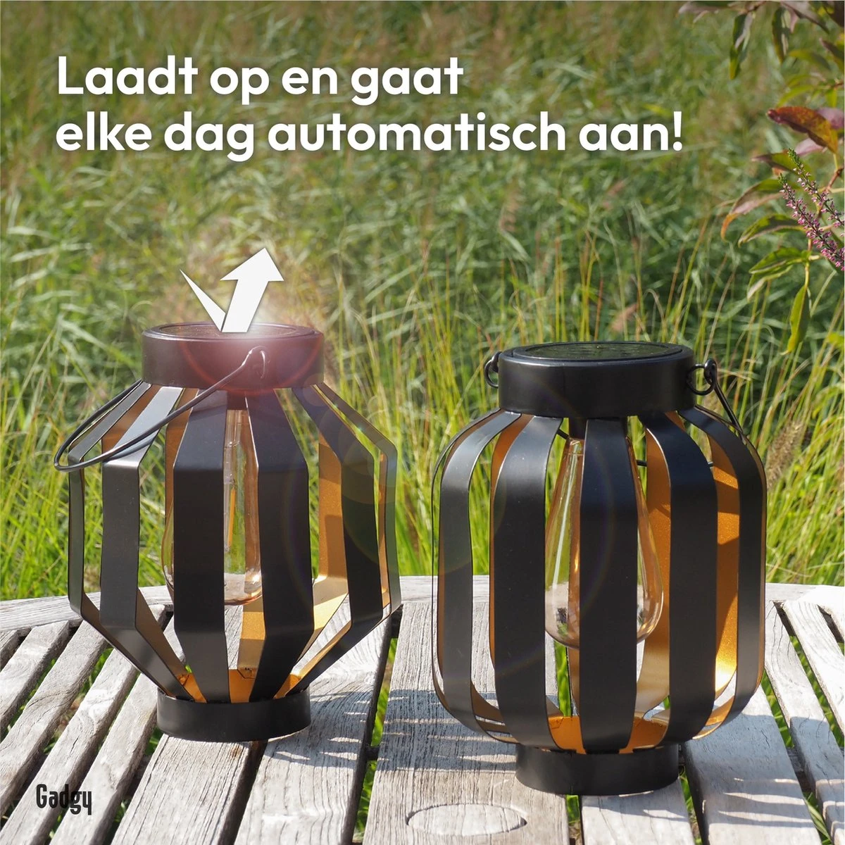 Gadgy Solar Lantaarn Gloeilamp Set Van 2 - Solar Tuinverlichting Op Zonneenergie – Led Buitenverlichting Met Dag/nacht Sensor - Tafellamp - Hanglamp - Tuinlantaarn - 20.5 X Ø 18 Cm - Zwart - Metaal - Afbeelding 3