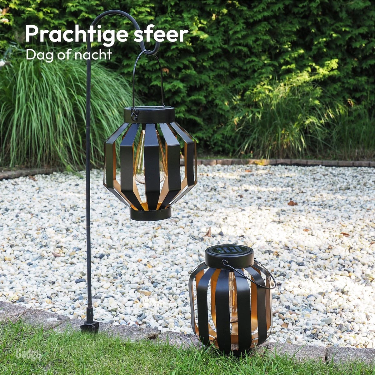 Gadgy Solar Lantaarn Gloeilamp Set Van 2 - Solar Tuinverlichting Op Zonneenergie – Led Buitenverlichting Met Dag/nacht Sensor - Tafellamp - Hanglamp - Tuinlantaarn - 20.5 X Ø 18 Cm - Zwart - Metaal - Afbeelding 6