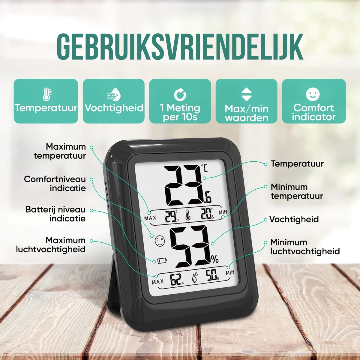 Strex Digitale Thermo Hygrometer Zwart - Digitale Thermo Meter Binnen - Hygro Meter Binnen - Weerstation Met Luchtvochtigheidsmeter - Inclusief Batterij - Afbeelding 2