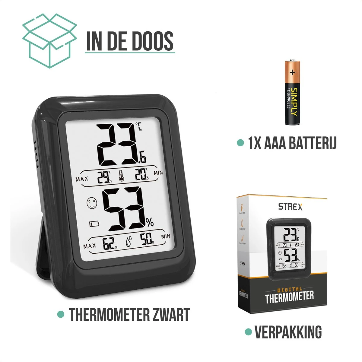 Strex Digitale Thermo Hygrometer Zwart - Digitale Thermo Meter Binnen - Hygro Meter Binnen - Weerstation Met Luchtvochtigheidsmeter - Inclusief Batterij - Afbeelding 7