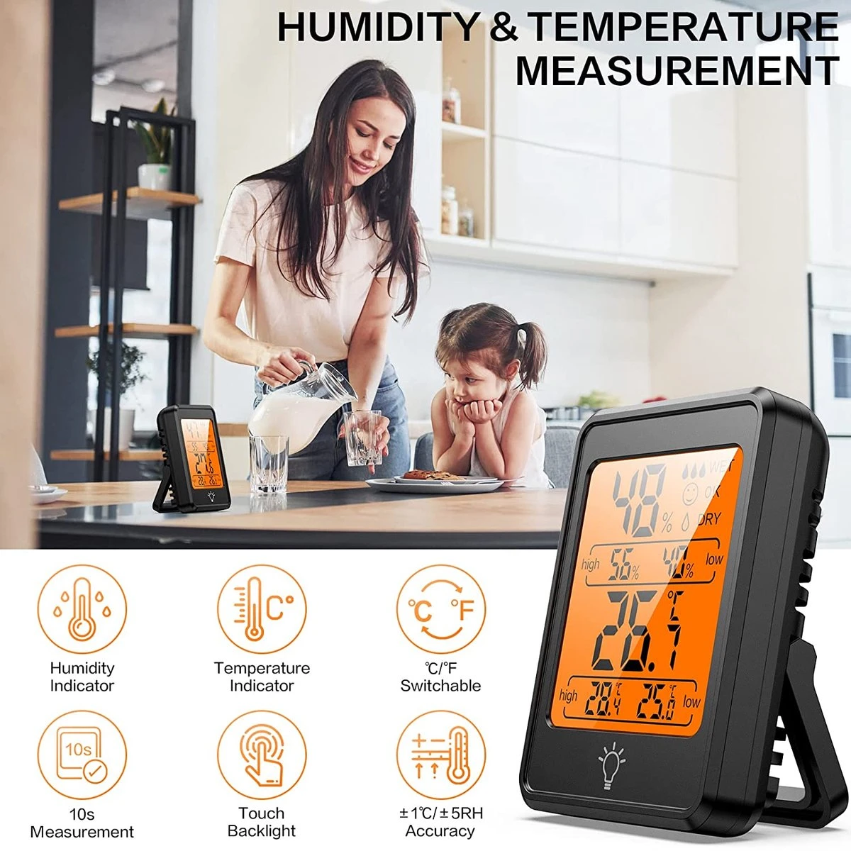 BOTC Digitale Thermo Hygrometer - Weerstation - Digitale Thermo Meter Binnen - Luchtvochtigheidsmeter - Zwart - Afbeelding 2