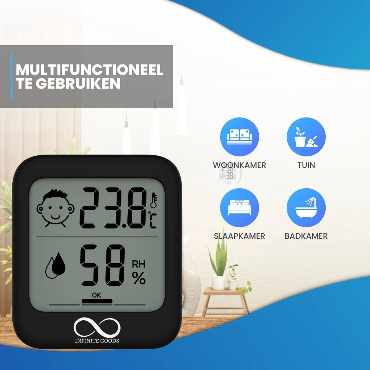 Infinite Goods Hygrometer - Digitale Weerstation - Luchtvochtigheidsmeter - Thermometer Voor Binnen - Vochtmeter - Magneten/Ophangoog - Incl. Batterij - Afbeelding 7