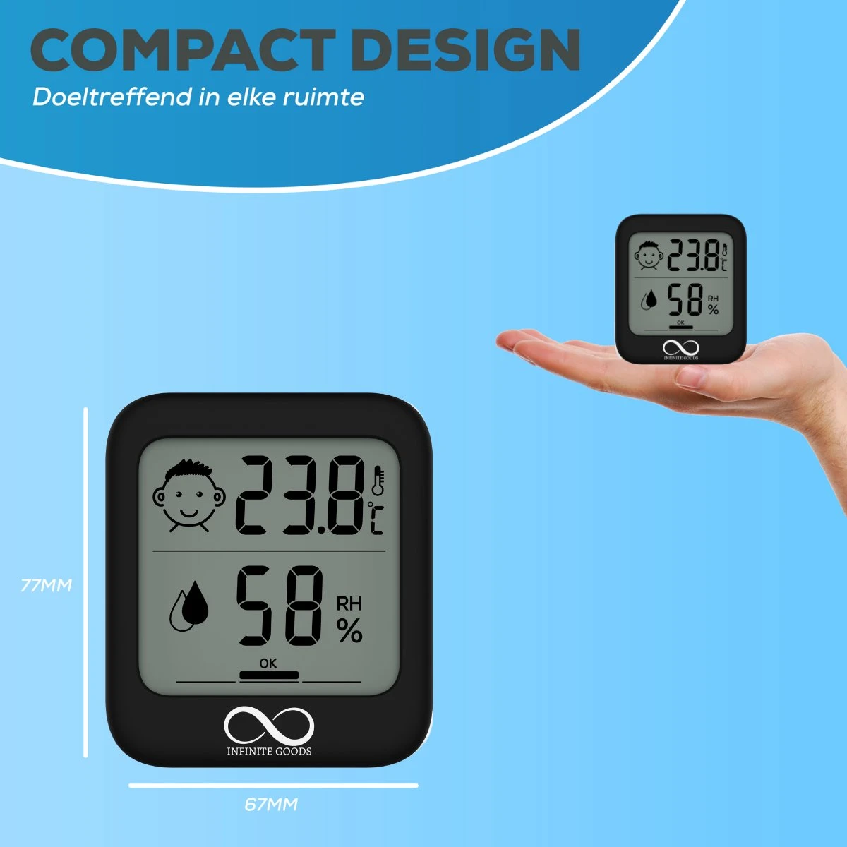 Infinite Goods Hygrometer - Digitale Weerstation - Luchtvochtigheidsmeter - Thermometer Voor Binnen - Vochtmeter - Magneten/Ophangoog - Incl. Batterij - Afbeelding 8