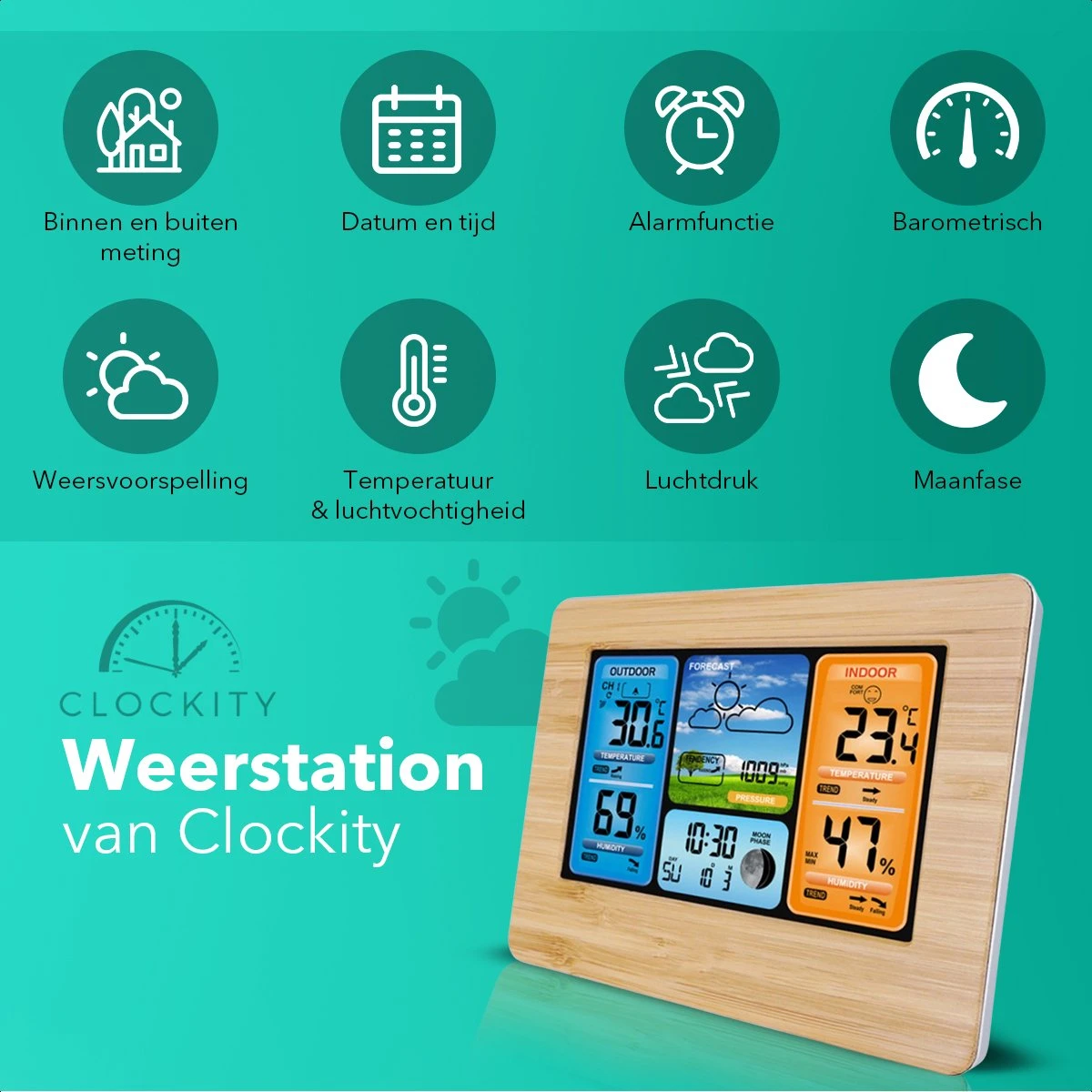 Clockity Weerstation Binnen En Buiten - Weerstation - Compact - Houten Frame - Weerstation Met Buitensensor - Tijd En Alarm Functie - Weerstation Draadloos Binnen Buiten - Inclusief Sensor, Batterijen & Oplader - Afbeelding 2