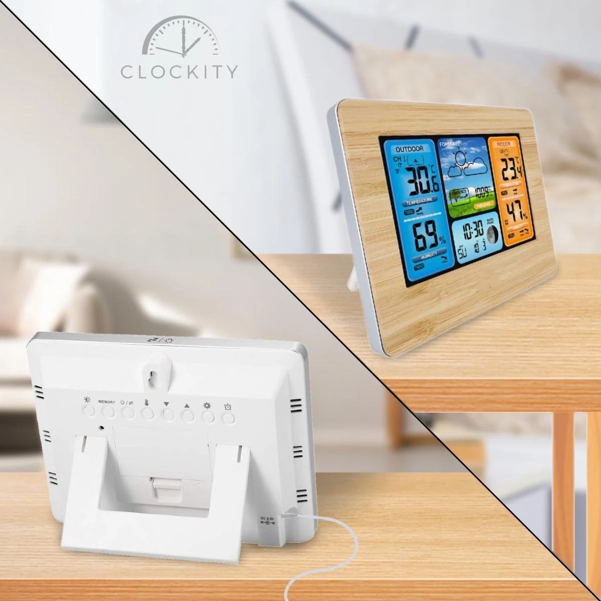 Clockity Weerstation Binnen En Buiten - Weerstation - Compact - Houten Frame - Weerstation Met Buitensensor - Tijd En Alarm Functie - Weerstation Draadloos Binnen Buiten - Inclusief Sensor, Batterijen & Oplader - Afbeelding 4