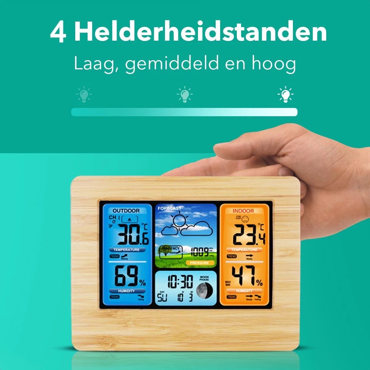 Clockity Weerstation Binnen En Buiten - Weerstation - Compact - Houten Frame - Weerstation Met Buitensensor - Tijd En Alarm Functie - Weerstation Draadloos Binnen Buiten - Inclusief Sensor, Batterijen & Oplader - Afbeelding 5
