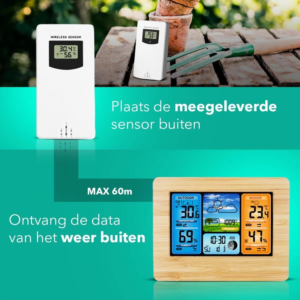 Clockity Weerstation Binnen En Buiten - Weerstation - Compact - Houten Frame - Weerstation Met Buitensensor - Tijd En Alarm Functie - Weerstation Draadloos Binnen Buiten - Inclusief Sensor, Batterijen & Oplader - Afbeelding 7