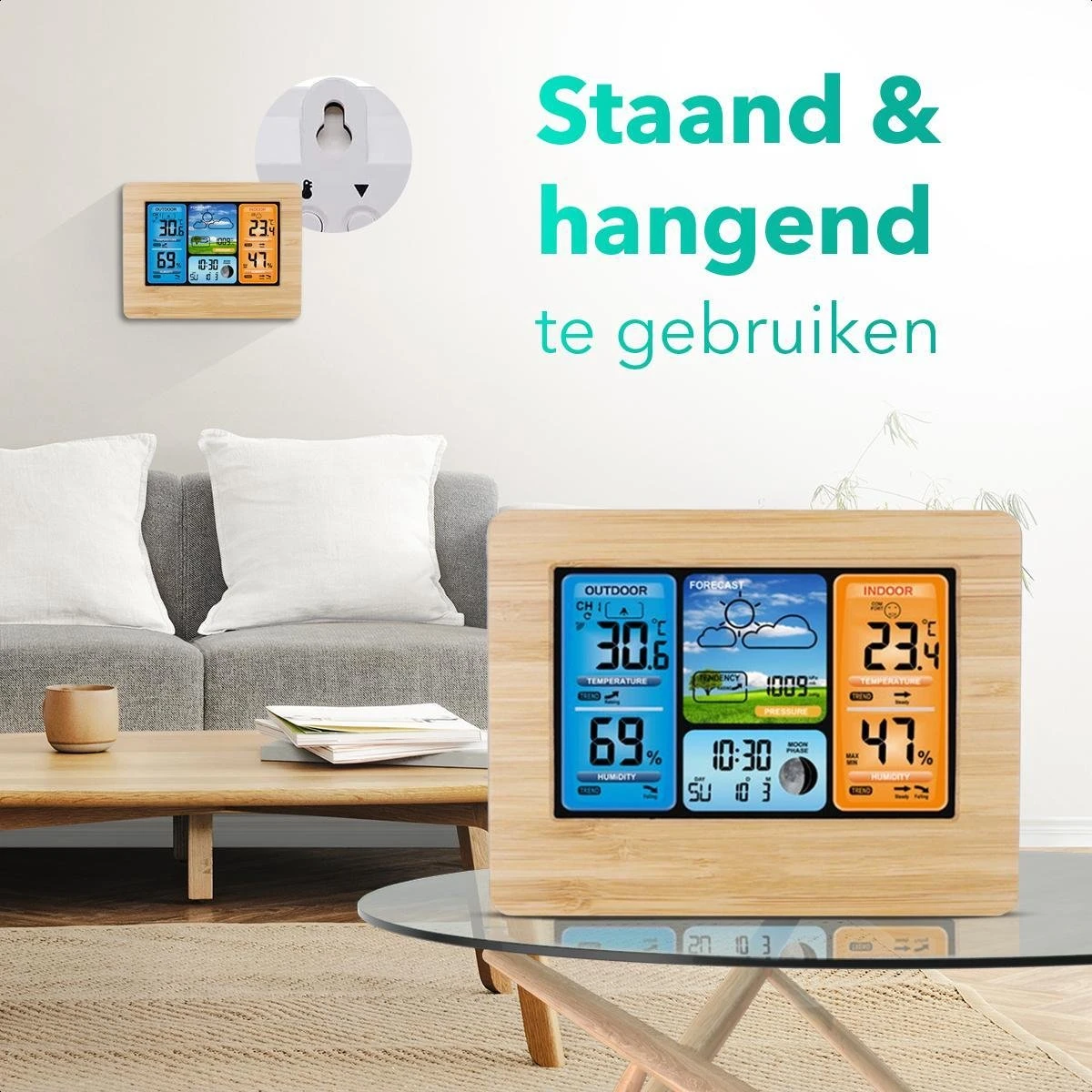 Clockity Weerstation Binnen En Buiten - Weerstation - Compact - Houten Frame - Weerstation Met Buitensensor - Tijd En Alarm Functie - Weerstation Draadloos Binnen Buiten - Inclusief Sensor, Batterijen & Oplader - Afbeelding 8