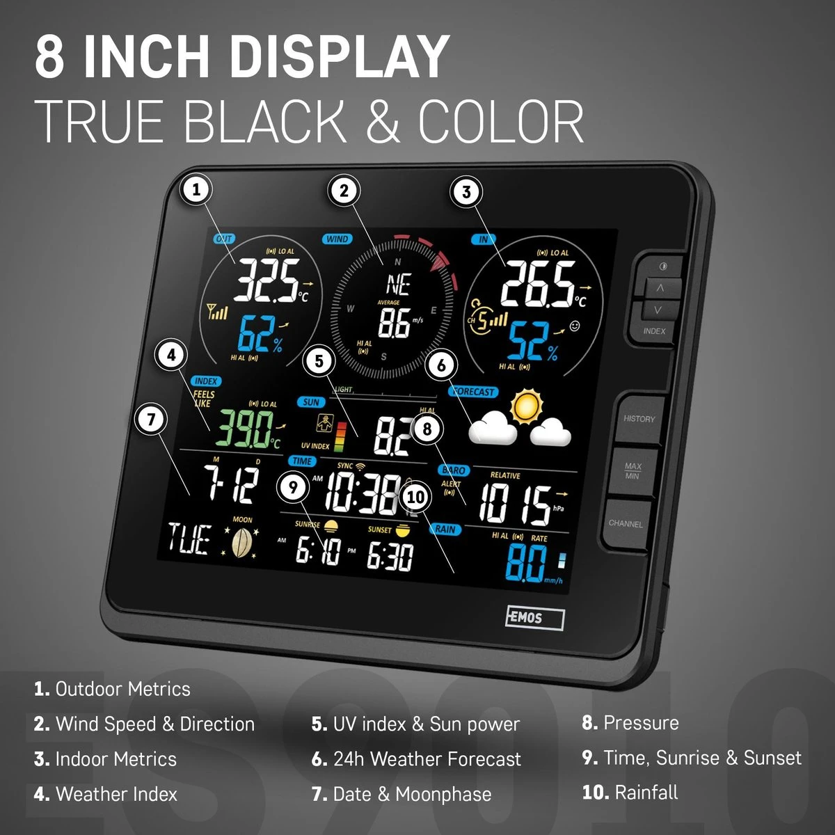 EMOS Weerstation Met Wifi, Draadloos Binnen- En Buitenweersysteem Met Kleurendisplay, Bewaakt Tijd & Datum, Temperatuur, Luchtvochtigheid, Luchtdruk, Comfort & Hitte-index, 12-24 Uursvoorspelling - Afbeelding 2