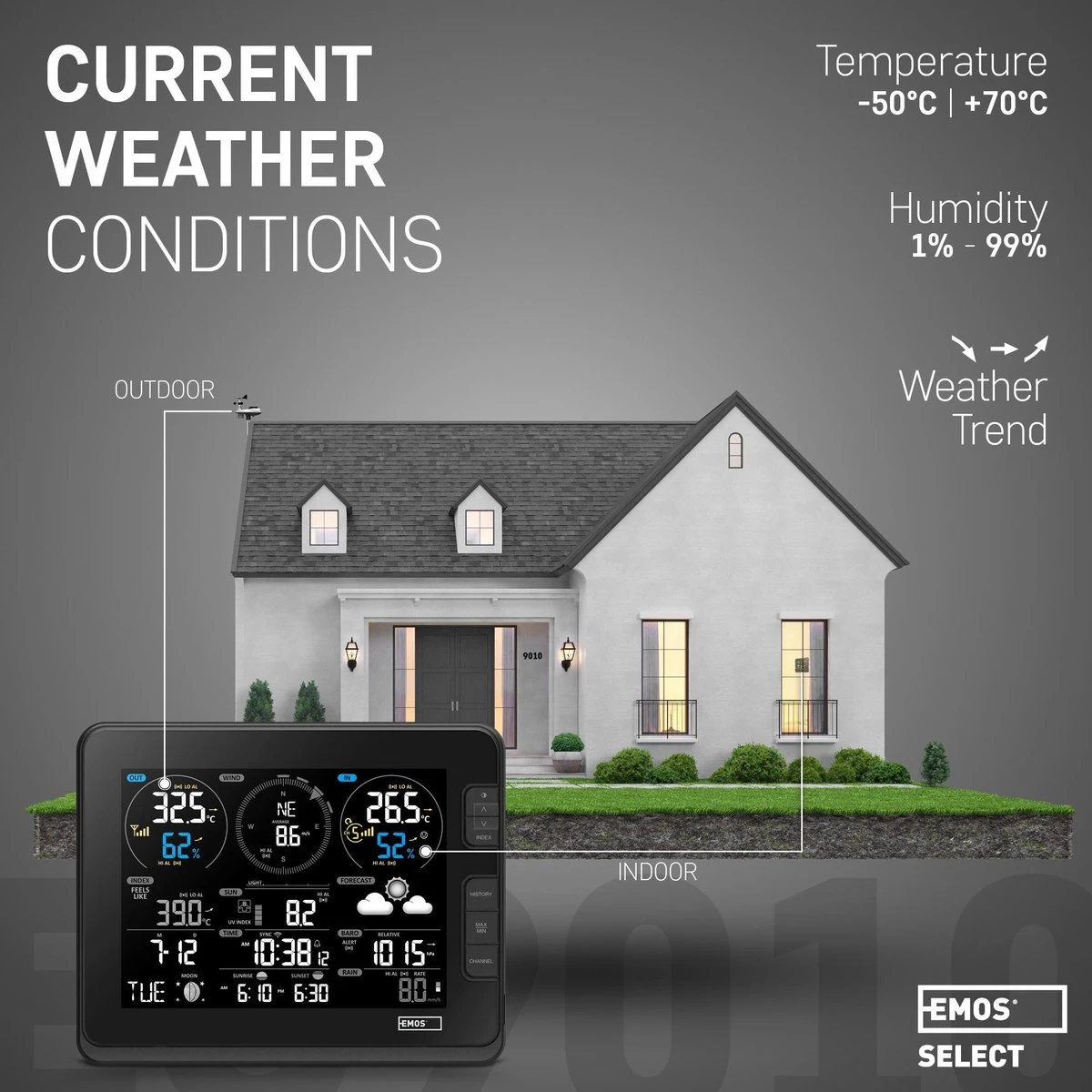 EMOS Weerstation Met Wifi, Draadloos Binnen- En Buitenweersysteem Met Kleurendisplay, Bewaakt Tijd & Datum, Temperatuur, Luchtvochtigheid, Luchtdruk, Comfort & Hitte-index, 12-24 Uursvoorspelling - Afbeelding 3