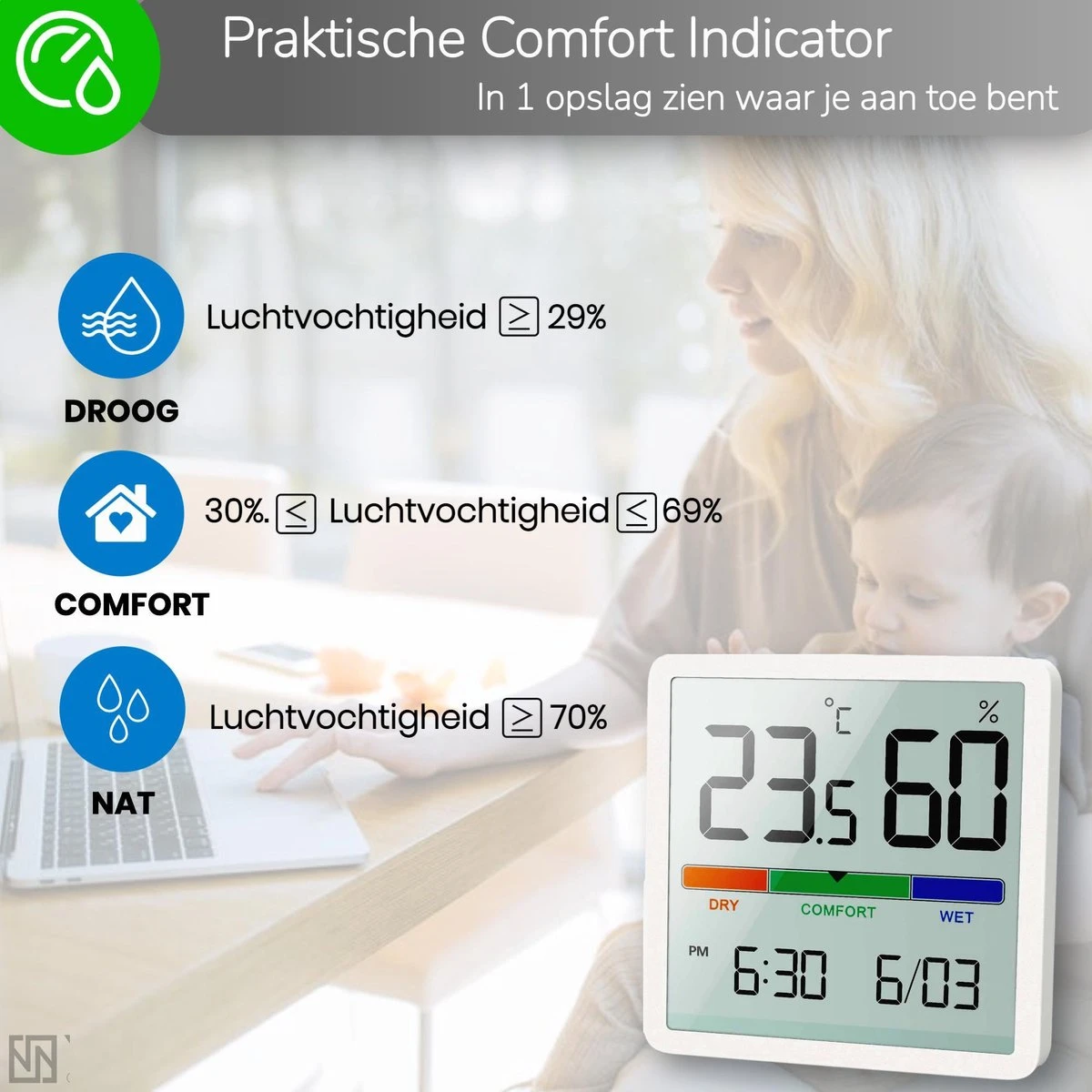 YUCONN Hygrometer - Luchtvochtigheidsmeter - Digitaal Weerstation - Binnen - Afbeelding 6
