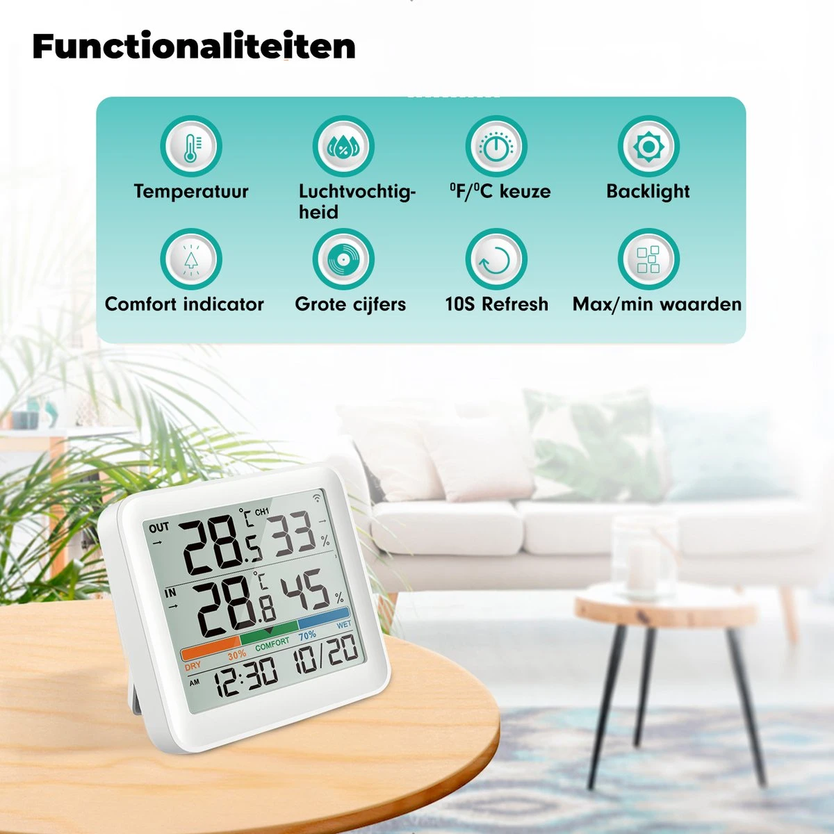 Iqonic Hygrometer - Luchtvochtigheidsmeter - Weerstation Binnen En Buiten - Draadloos Met Buitensensor - Wit - Afbeelding 6