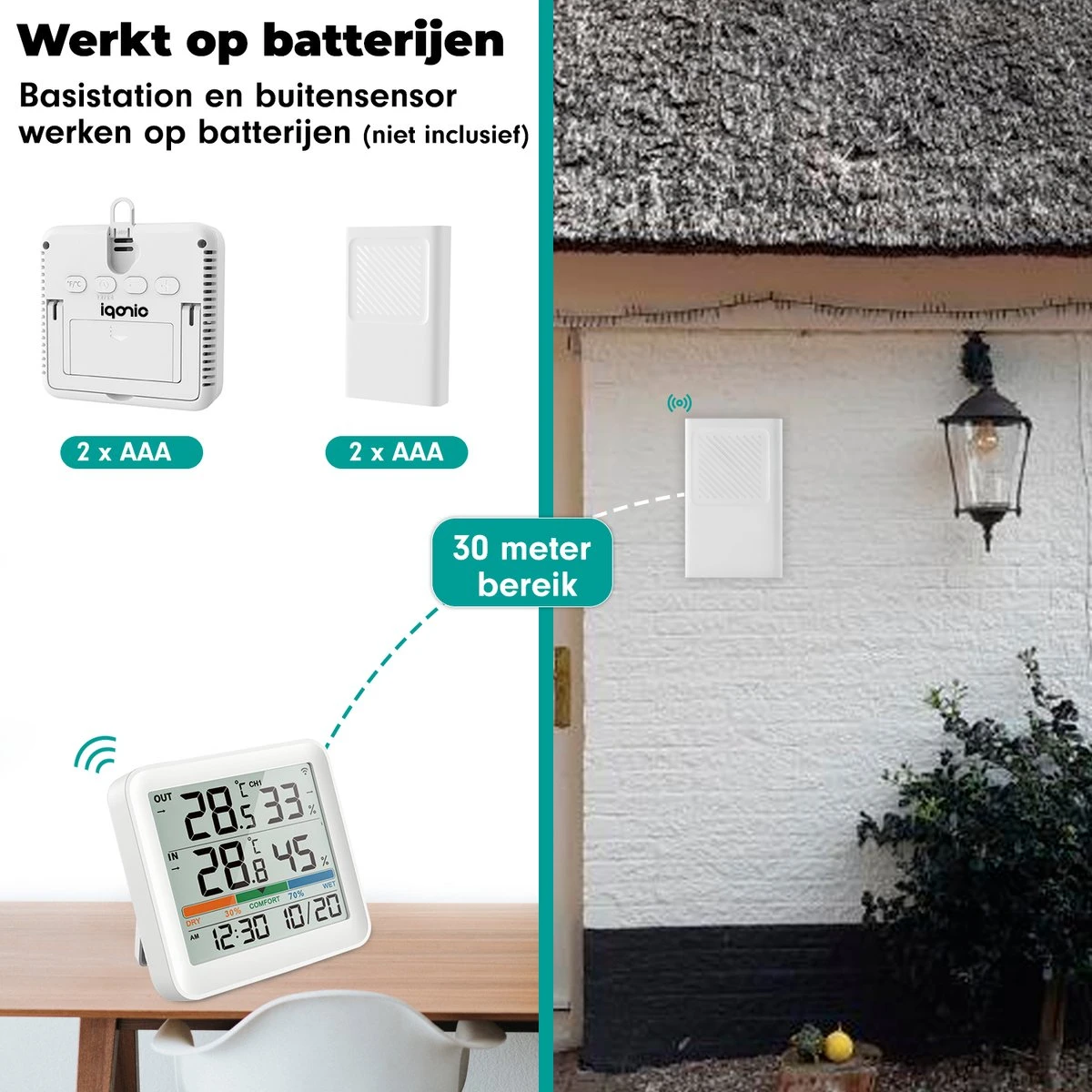 Iqonic Hygrometer - Luchtvochtigheidsmeter - Weerstation Binnen En Buiten - Draadloos Met Buitensensor - Wit - Afbeelding 8
