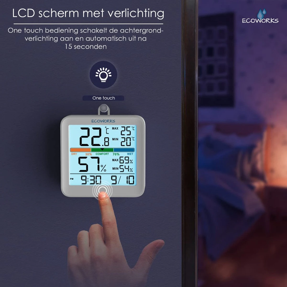 Ecoworks Hygrometer Met Achtergrondverlichting - Incl. Batterijen - Luchtvochtigheidsmeter - Digitaal Weerstation - Thermometer Voor Binnen - Afbeelding 5