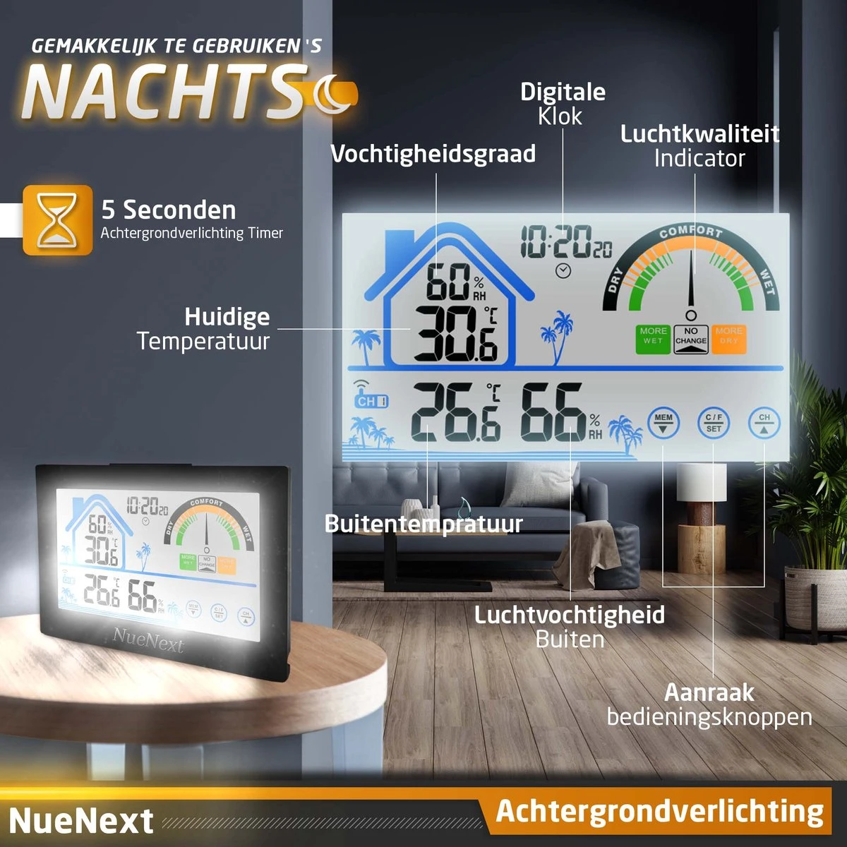 NueNext Draadloos Weerstation Binnen En Buiten - Met Aanraak Scherm - Batterijen Tot Halfjaar Mee - 30m Bereik Sensor - Digitale Thermometer & Hygrometer In 1 - Luchtvochtigheidsmeter - Afbeelding 4