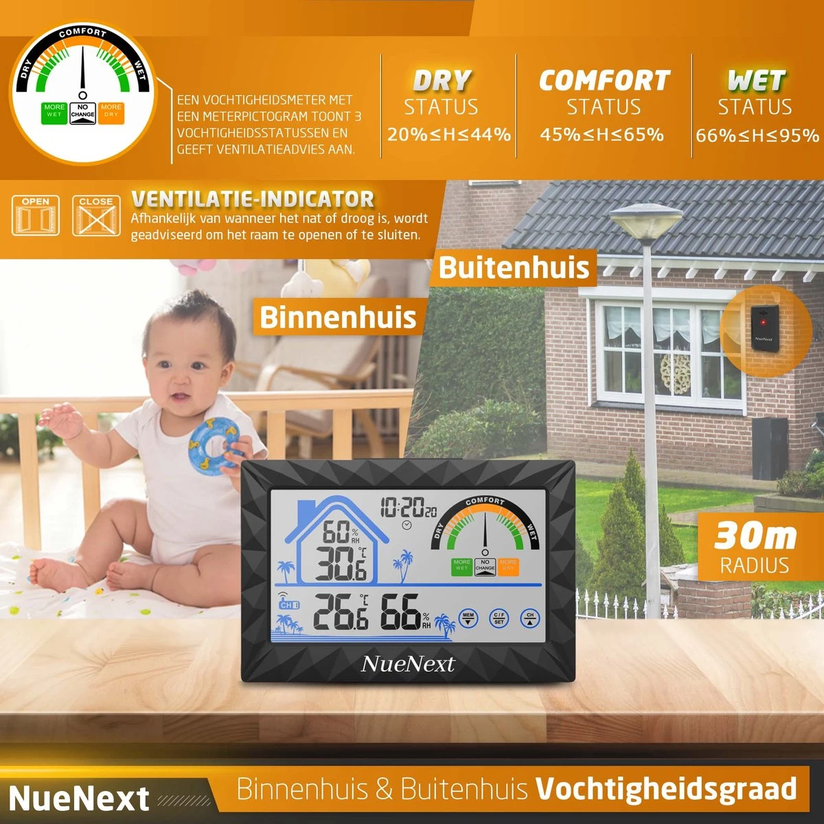 NueNext Draadloos Weerstation Binnen En Buiten - Met Aanraak Scherm - Batterijen Tot Halfjaar Mee - 30m Bereik Sensor - Digitale Thermometer & Hygrometer In 1 - Luchtvochtigheidsmeter - Afbeelding 5