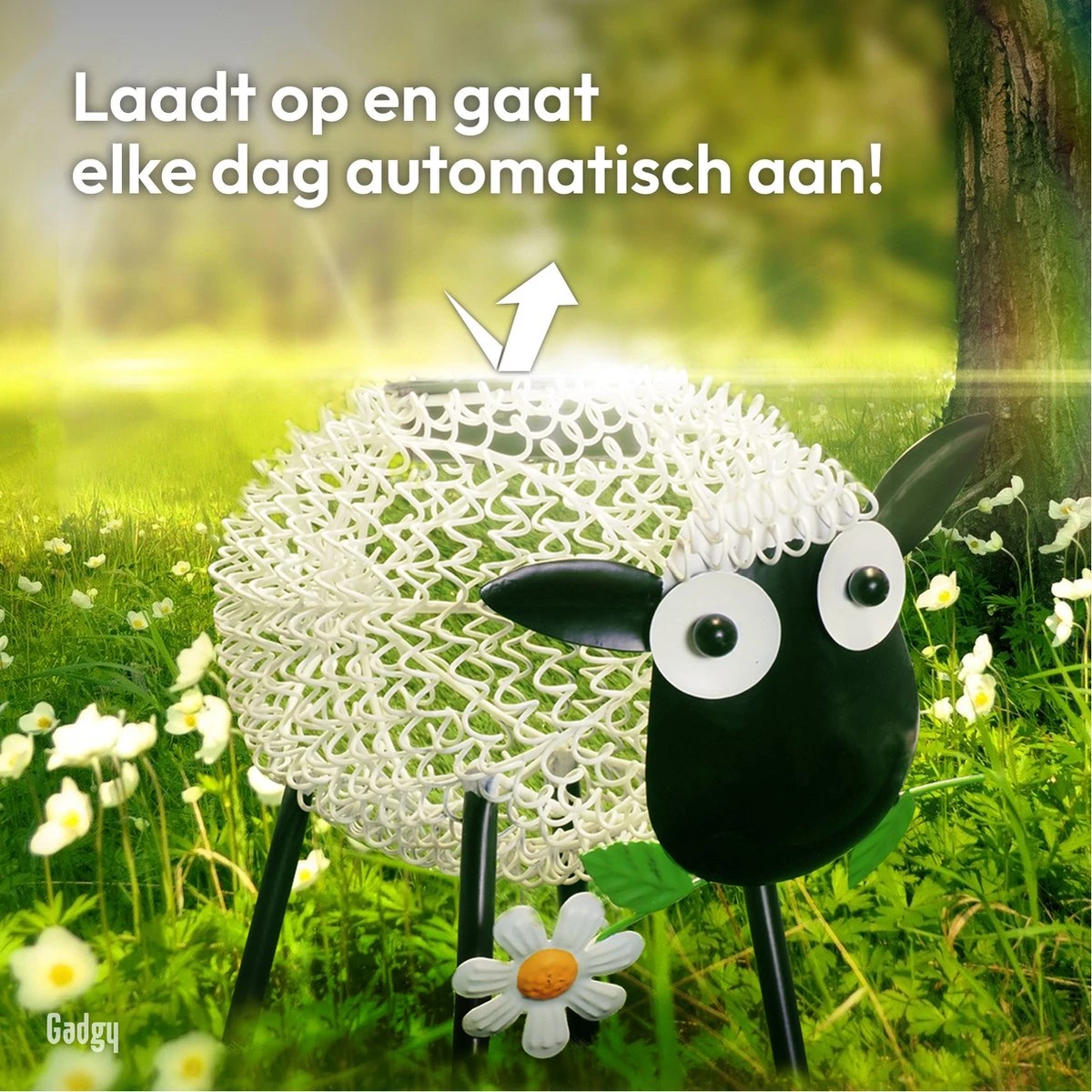 Gadgy Solar Tuinverlichting Schaap - Tuinlantaarn Wit En Gekleurd Led Licht Met Leuk Schaduweffect - Dag/Nacht Sensor - 27.5x16x22.5CM - Buitenlamp Zonne Energie - Metaal - Wit - Afbeelding 3