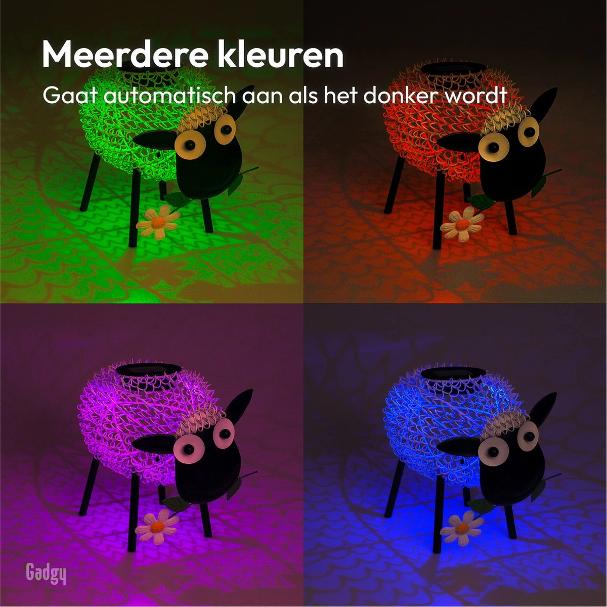Gadgy Solar Tuinverlichting Schaap - Tuinlantaarn Wit En Gekleurd Led Licht Met Leuk Schaduweffect - Dag/Nacht Sensor - 27.5x16x22.5CM - Buitenlamp Zonne Energie - Metaal - Wit - Afbeelding 5