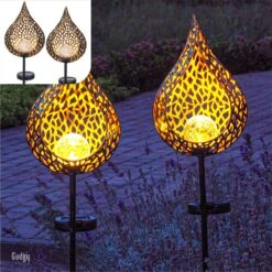 Gadgy Solar Tuinfakkel Druppel Met Grondspies - Solar Tuinverlichting Set Van 2 St. - Tuinsteker 90CM Hoog - Tuinverlichting Op Zonneenergie Buiten - Led Buitenverlichting Met Sensor - Koperkleurig Metaal