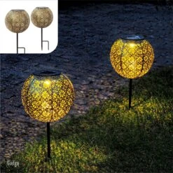 Gadgy Solar Tuinpad Met Grondspies - Solar Tuinverlichting Set Van 2 St. - Tuinfakkel 34CM Hoog - Tuinverlichting Op Zonneenergie Buiten - Led Buitenverlichting Met Sensor - Tuinsteker - Brons Kleurig Metaal