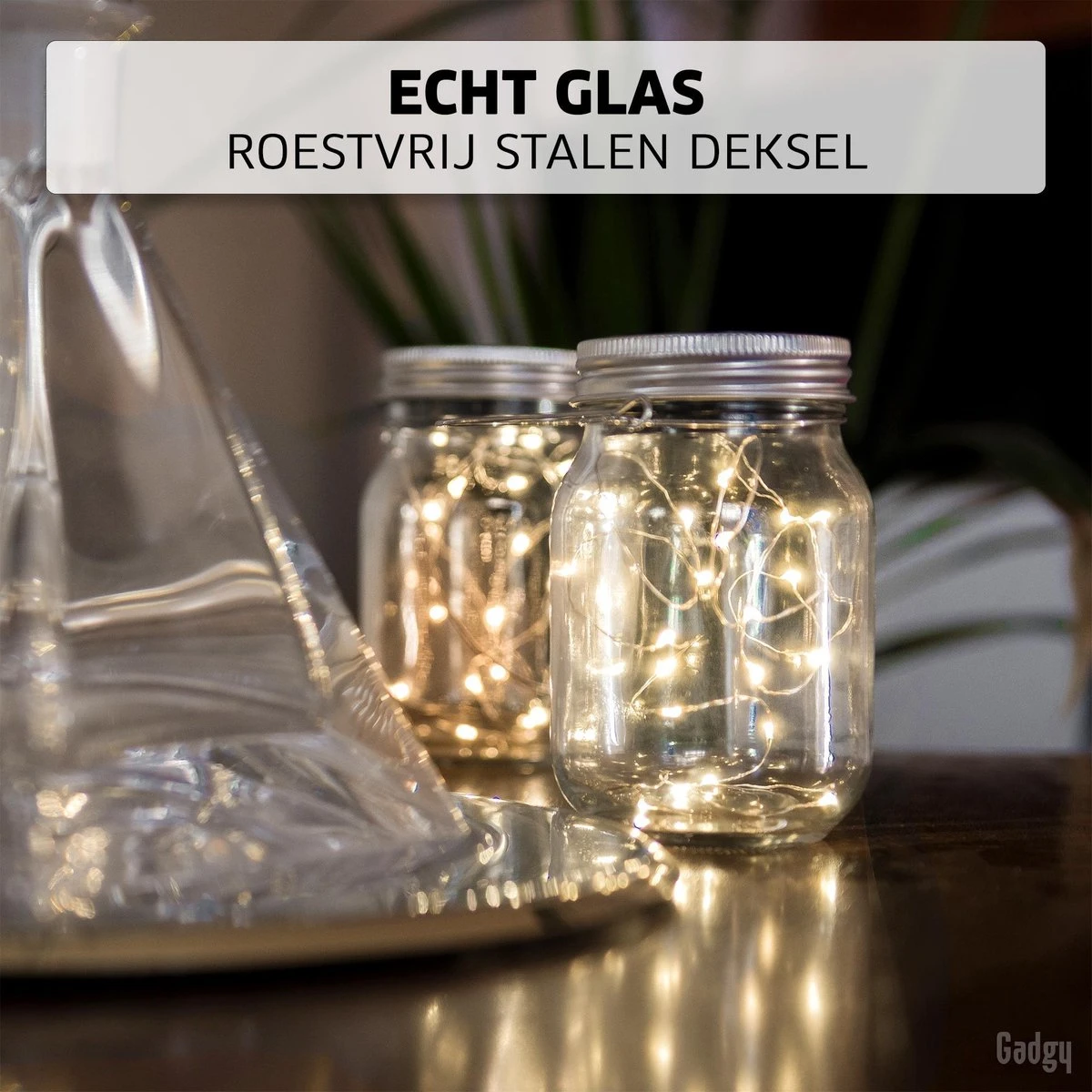 Gadgy Solar Lantaarn Jar Fairy Lights - Solar Tuinverlichting Op Zonneenergie - Tuinlantaarn Met Dag/nacht Sensor - 3 Glazen Potjes Met Led String Verlichting - Buitenverlichting - Afbeelding 7