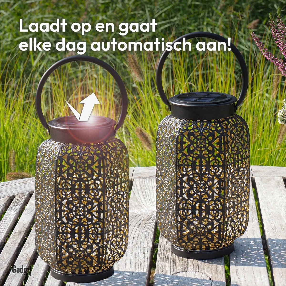 Gadgy Solar Oosterse Lantaarn - Tafellamp Set Van 2 - Solar Tuinverlichting Op Zonneenergie - Led Buitenverlichting Met Dag/Nacht Sensor - Hanglamp - Tuinlantaarn - 22xØ14CM - Metaal - Zwart - Afbeelding 2