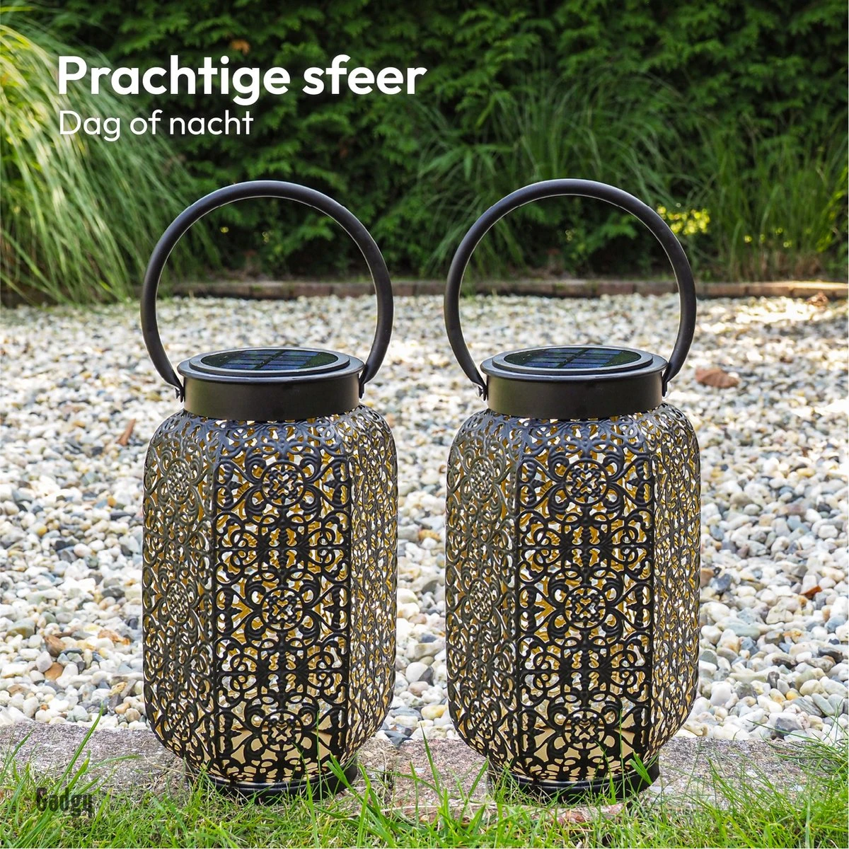 Gadgy Solar Oosterse Lantaarn - Tafellamp Set Van 2 - Solar Tuinverlichting Op Zonneenergie - Led Buitenverlichting Met Dag/Nacht Sensor - Hanglamp - Tuinlantaarn - 22xØ14CM - Metaal - Zwart - Afbeelding 4