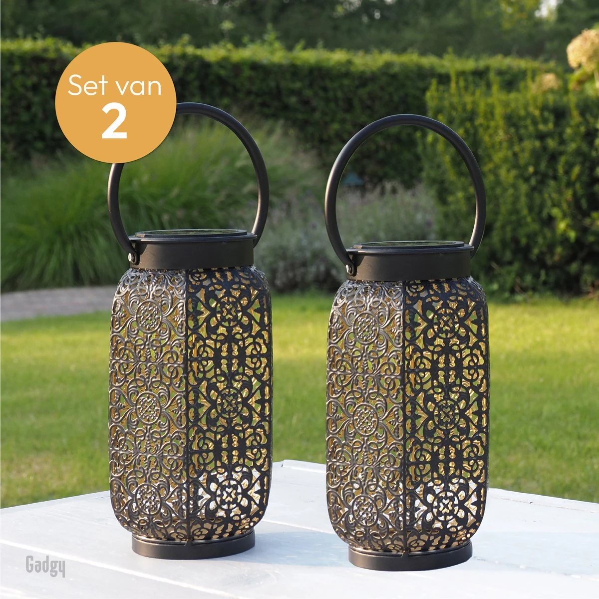 Gadgy Solar Oosterse Lantaarn - Tafellamp Set Van 2 - Solar Tuinverlichting Op Zonneenergie - Led Buitenverlichting Met Dag/Nacht Sensor - Hanglamp - Tuinlantaarn - 22xØ14CM - Metaal - Zwart - Afbeelding 6