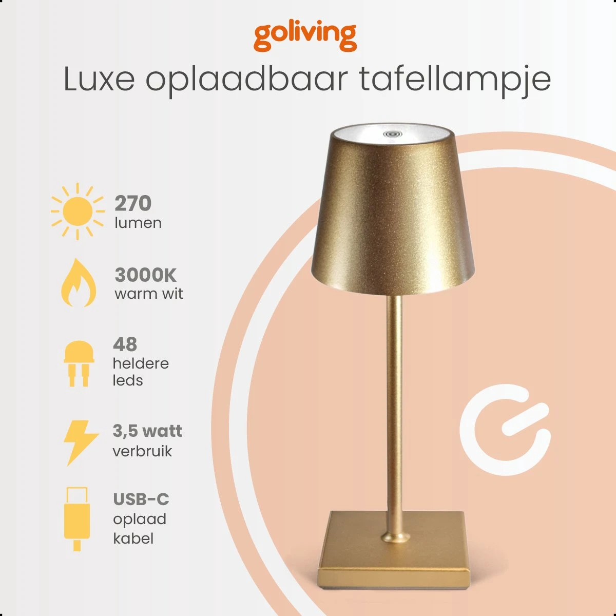 Goliving Tafellamp Op Batterijen - Oplaadbaar En Dimbaar - Moderne Touch Lamp Goud - Nachtlamp Draadloos - 26 CM - Afbeelding 5