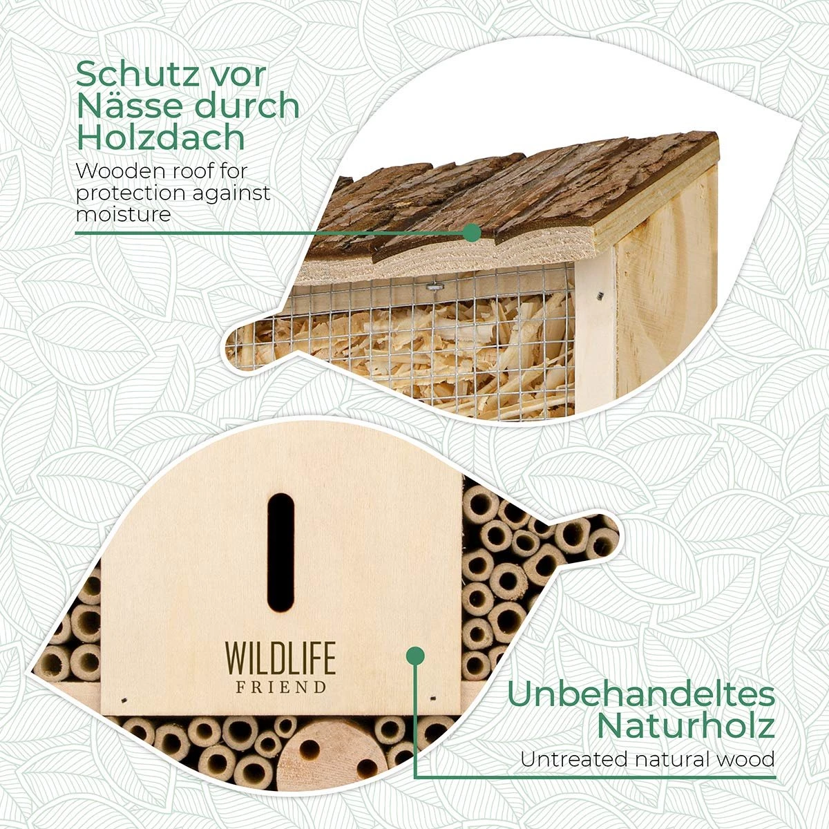 WILDLIFE FRIEND I Bijenhotel Insectenhotel 29,5 X 28 X 10 Cm Met Houten Dak - Onbehandeld, Massief Houten Bijenhuis Voor Bijen, Lieveheersbeestjes & Vliegen, Insectenhuis & Nesthulp Om Op Te Hangen - Afbeelding 4
