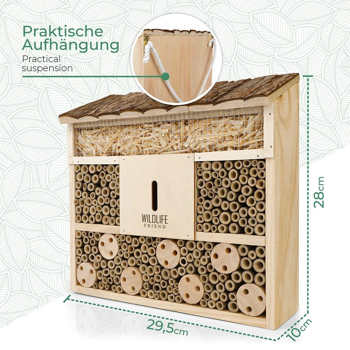 WILDLIFE FRIEND I Bijenhotel Insectenhotel 29,5 X 28 X 10 Cm Met Houten Dak - Onbehandeld, Massief Houten Bijenhuis Voor Bijen, Lieveheersbeestjes & Vliegen, Insectenhuis & Nesthulp Om Op Te Hangen - Afbeelding 6