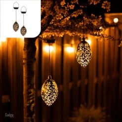 Gadgy Solar Hangende Oosterse Lantaarn 2st. - Solar Tuinverlichting Op Zonneenergie – Led Buitenverlichting Met Dag/Nacht Sensor - Tuinlantaarn - Brons - Metaal