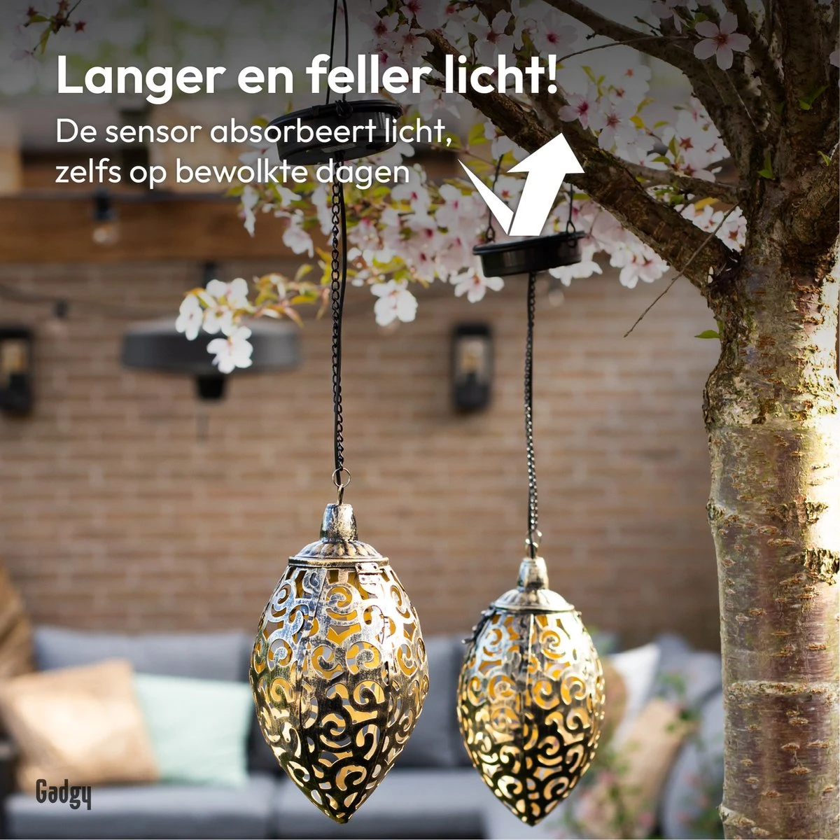 Gadgy Solar Hangende Oosterse Lantaarn 2st. - Solar Tuinverlichting Op Zonneenergie – Led Buitenverlichting Met Dag/Nacht Sensor - Tuinlantaarn - Brons - Metaal - Afbeelding 2