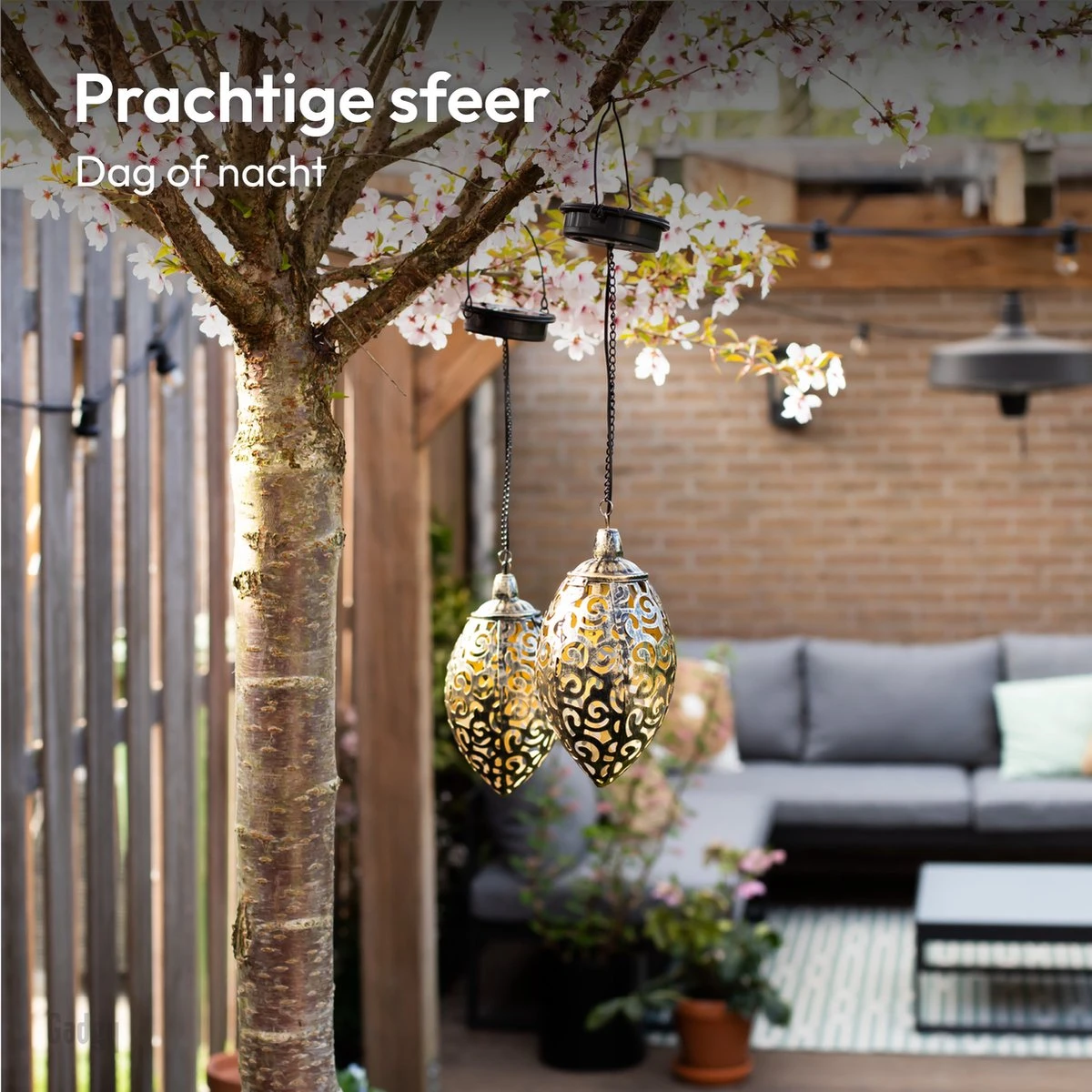 Gadgy Solar Hangende Oosterse Lantaarn 2st. - Solar Tuinverlichting Op Zonneenergie – Led Buitenverlichting Met Dag/Nacht Sensor - Tuinlantaarn - Brons - Metaal - Afbeelding 5