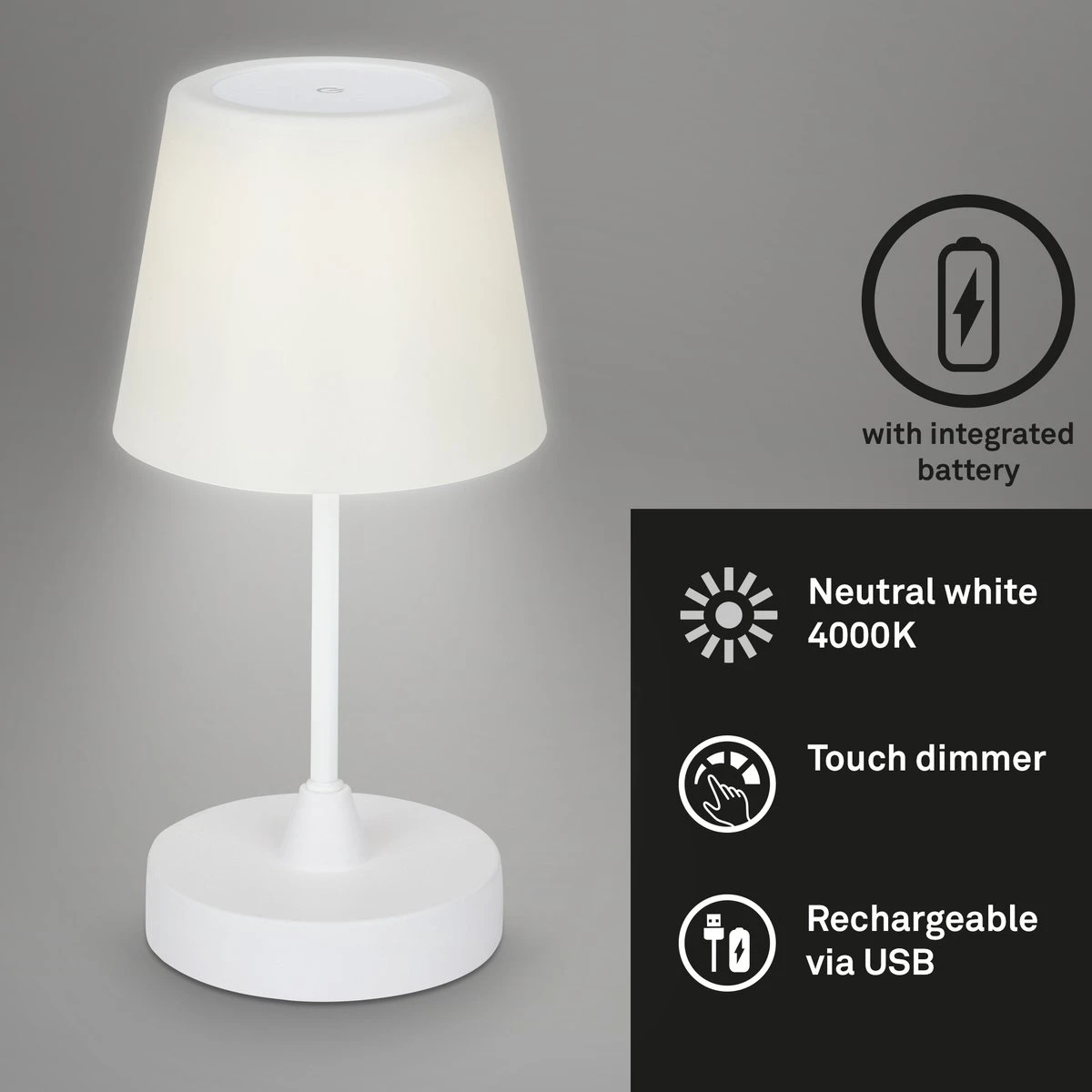 Briloner Leuchten - LED Buiten Tafellamp - Touch - 3W - IP44 - Draadloze - Batterij - Wit - Ø30cm - Afbeelding 3