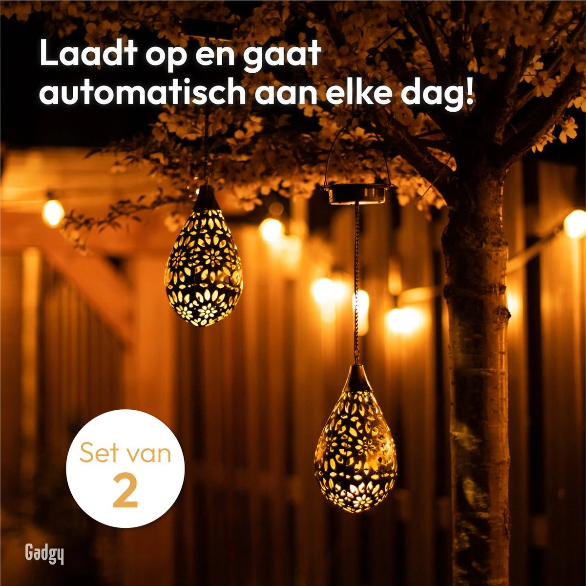 Gadgy Solar Hangende Lantaarn Set 2st. - Solar Tuinverlichting Op Zonneenergie - Led Buitenverlichting Met Dag/Nacht Sensor - Tuinlantaarn - Metaal - Afbeelding 3